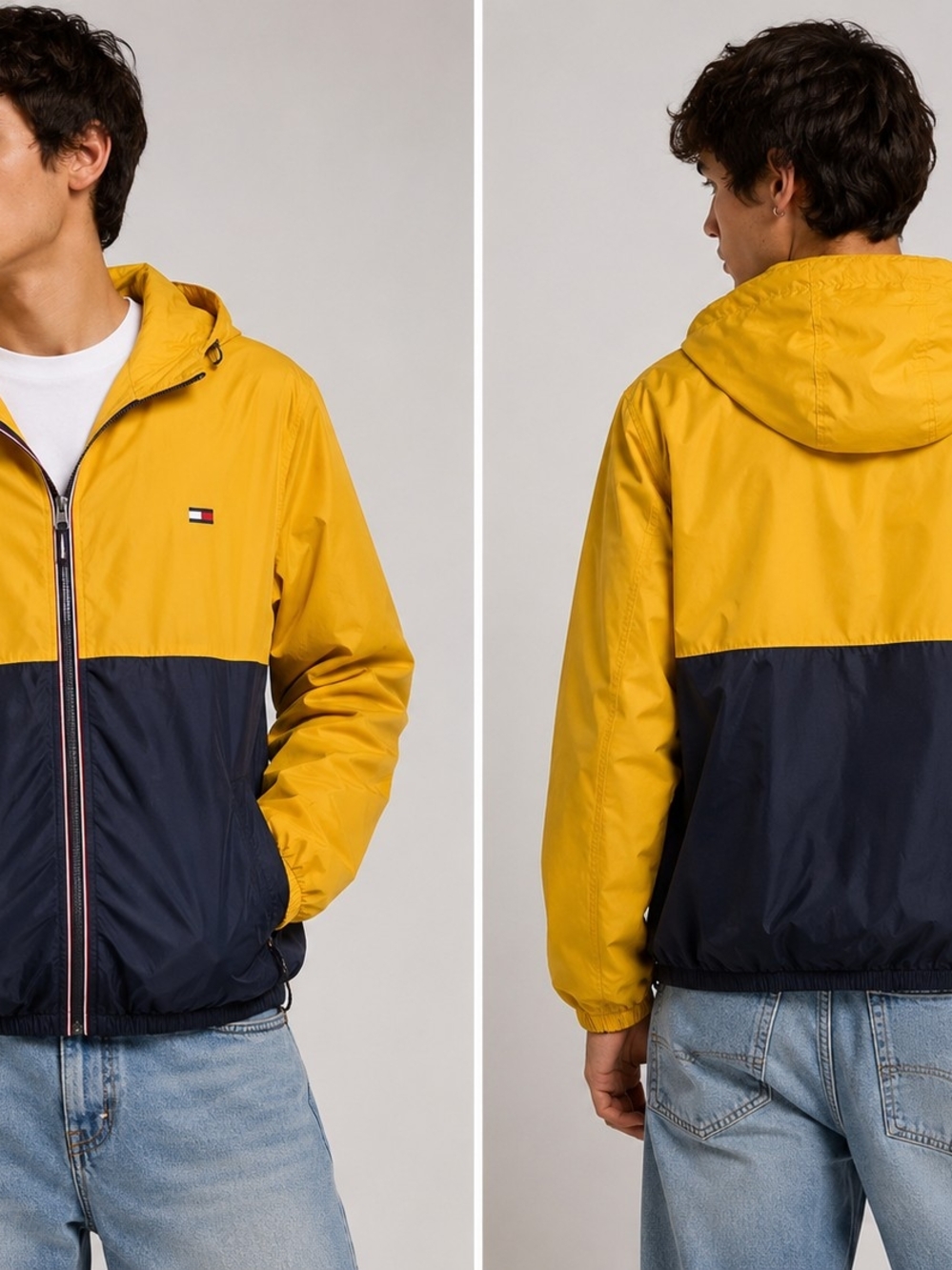 Tommy Hilfiger Men’s Two-Tone Hooded Windbreaker Jacket in Yellow/Navy